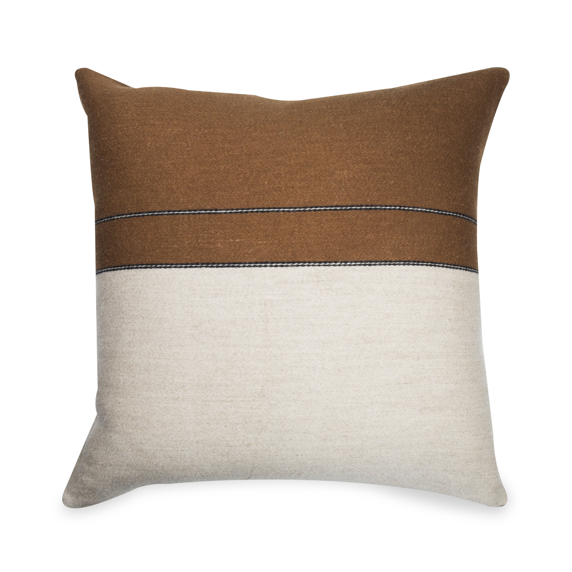 Made in Belgium, this pillow features a natural flax colour highlighted with beeswax brown, black and natural stripes.