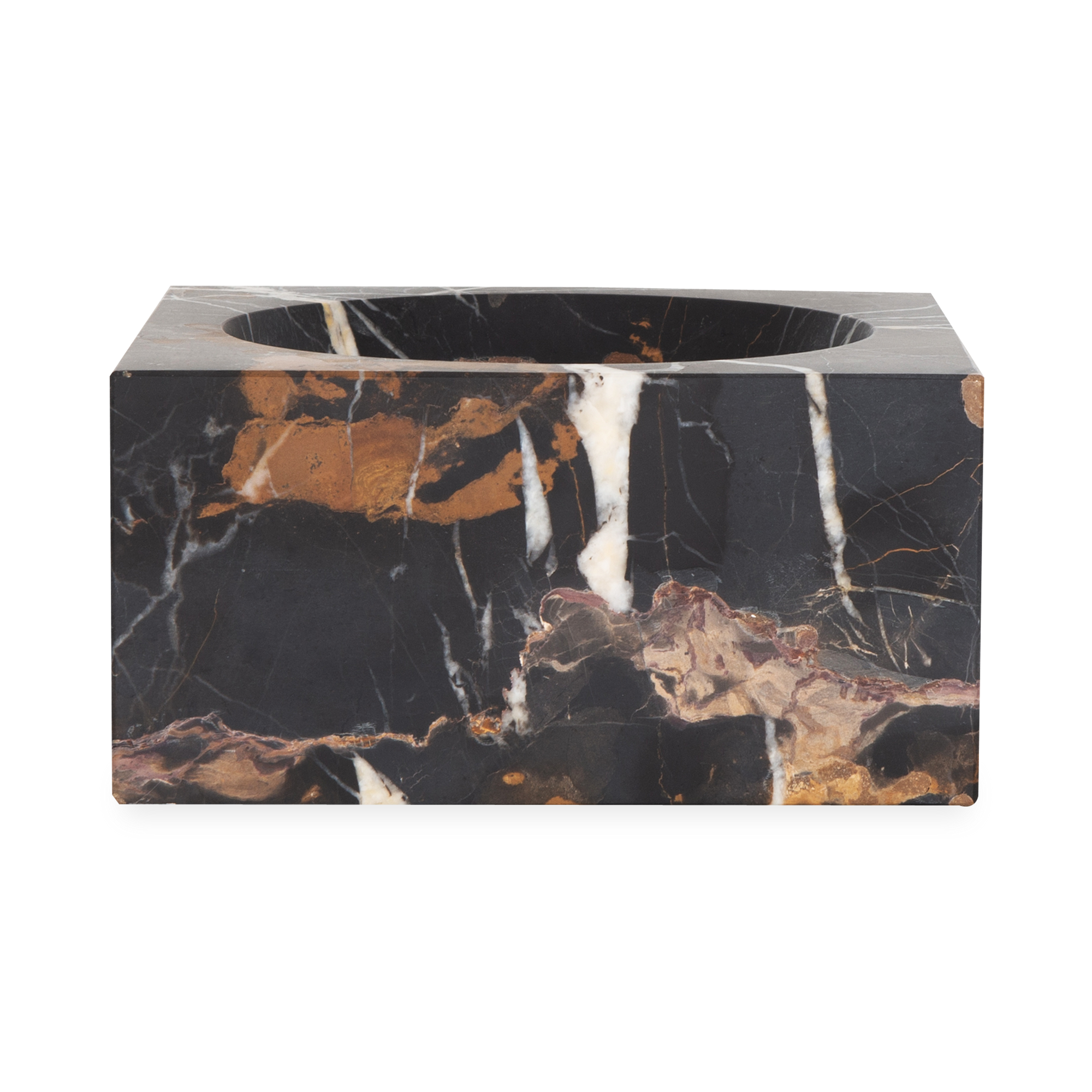 Providing luxurious and confidently stable elements, this captivating bowl is made with black marble with a touch of white and gold veining.