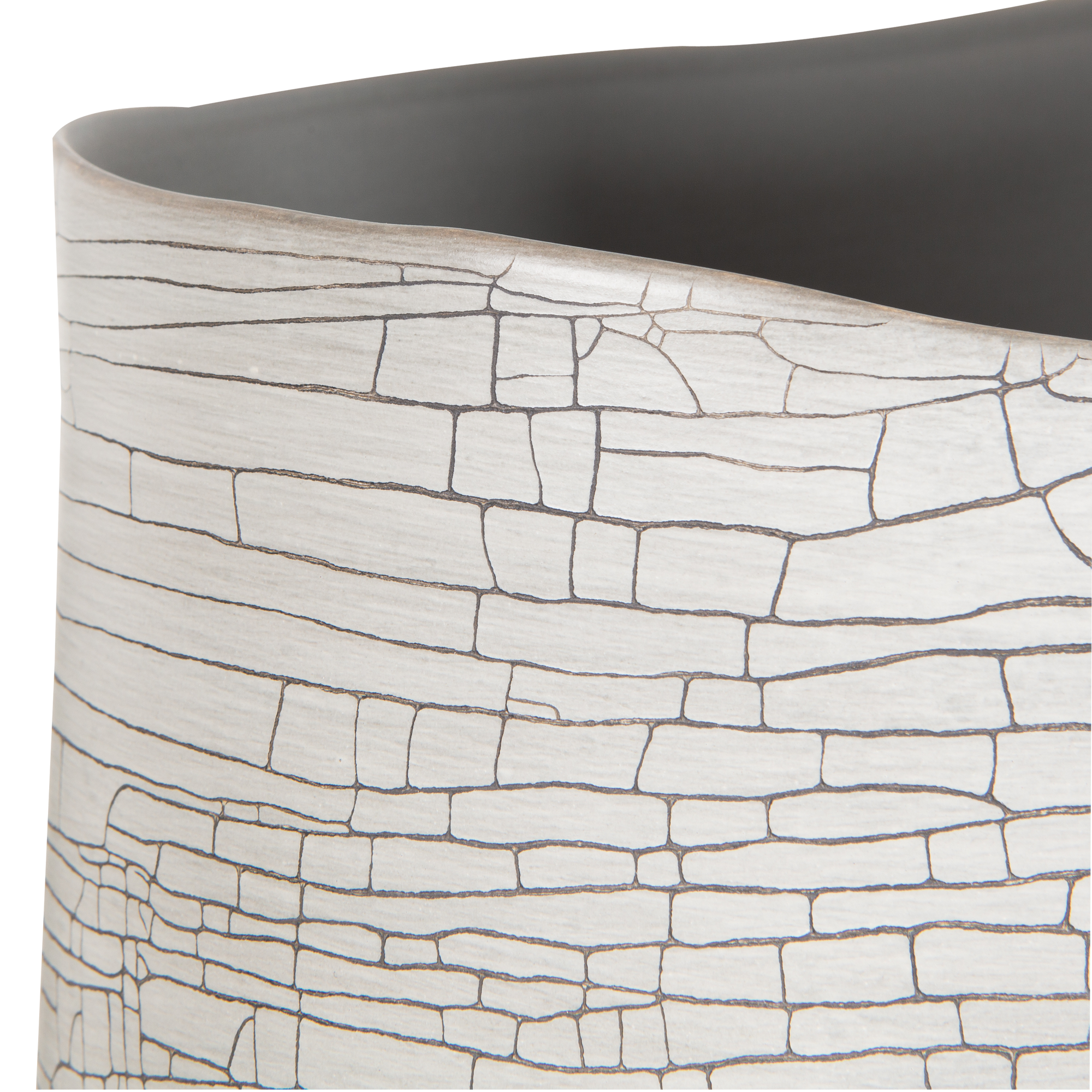 Defined by its intricate white crackle finish, the Torre Vase has a captivating spiraling rim with an eye-catching curved silhouette.