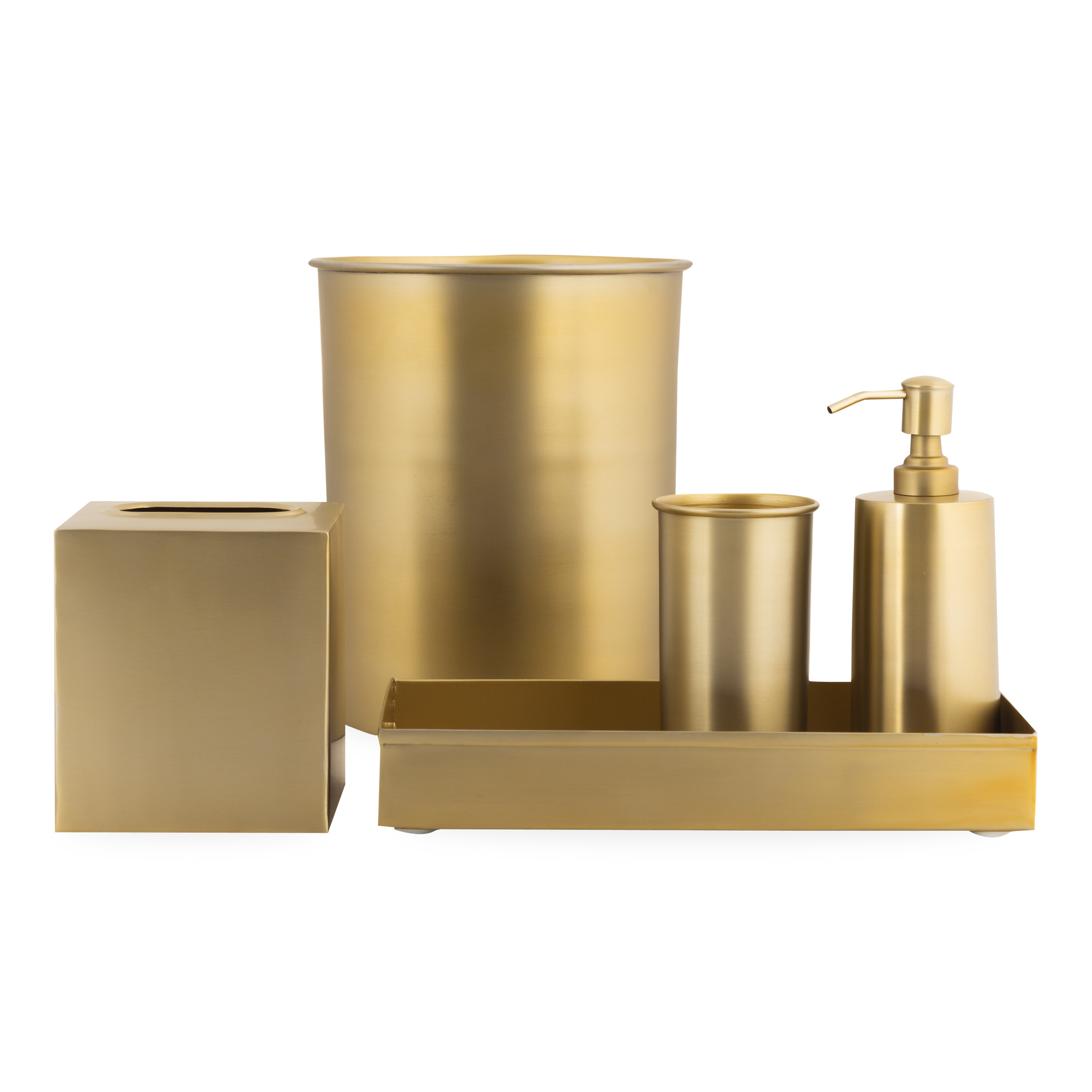 Characterized by its clean design and sleek silhouettes, the Essential Collection features an effortlessly elegant matte brass finish that will elevate any bathroom or kitchen coun