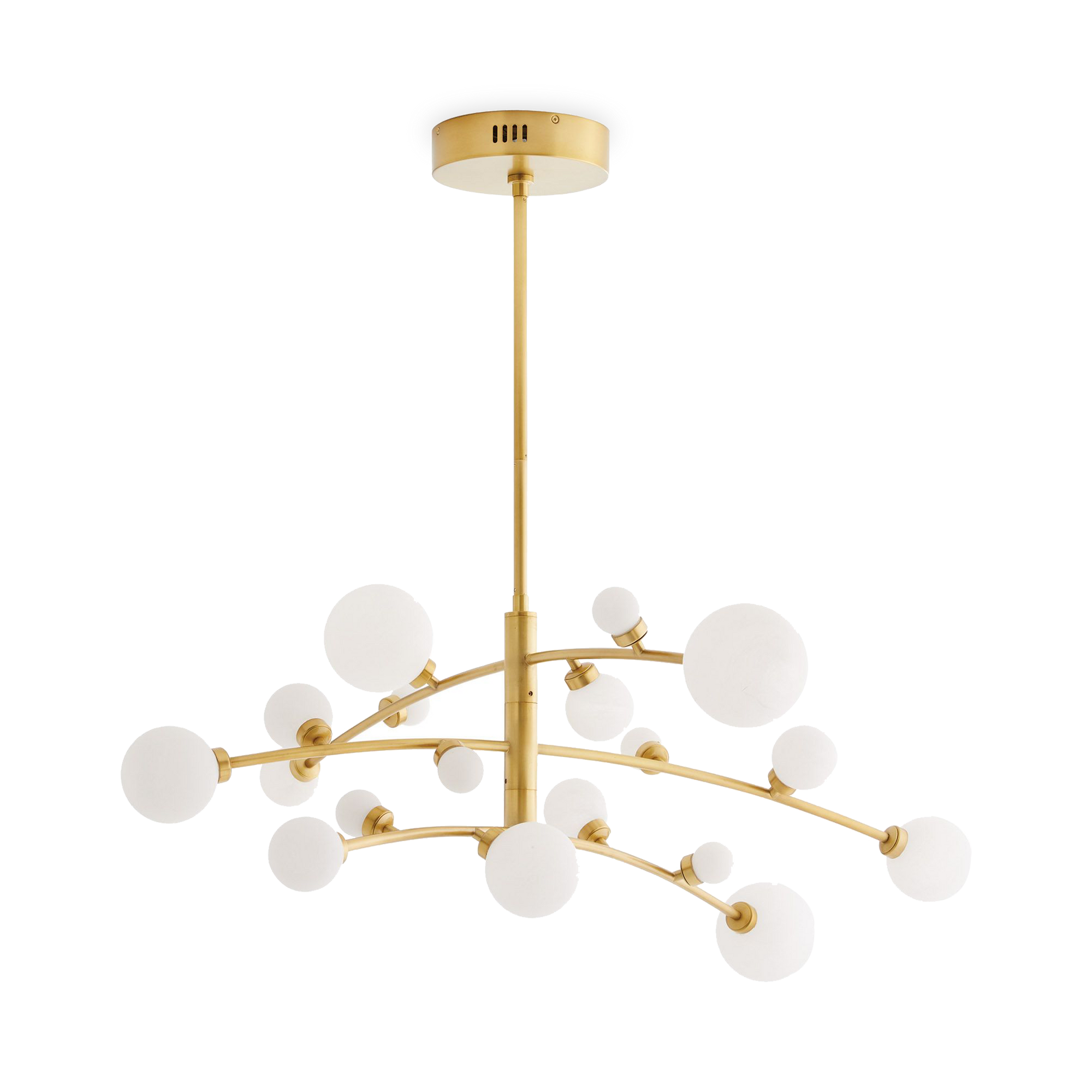 Inspired by planetary movements, this chandelier casts a provocatively cosmic appeal to a space.