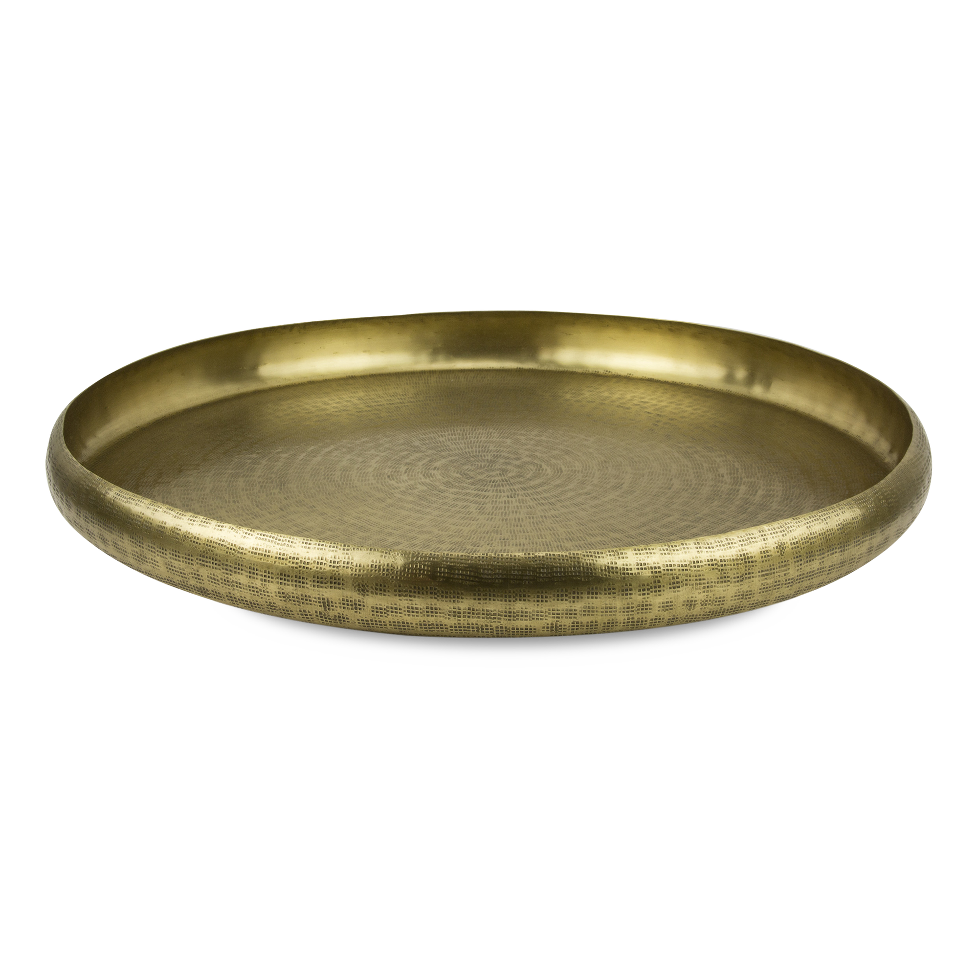 Inspired by offering trays used in religious ceremonies, this hand-embossed brass piece featuring a beautiful curved edge will add texture and shine to your tabletop.