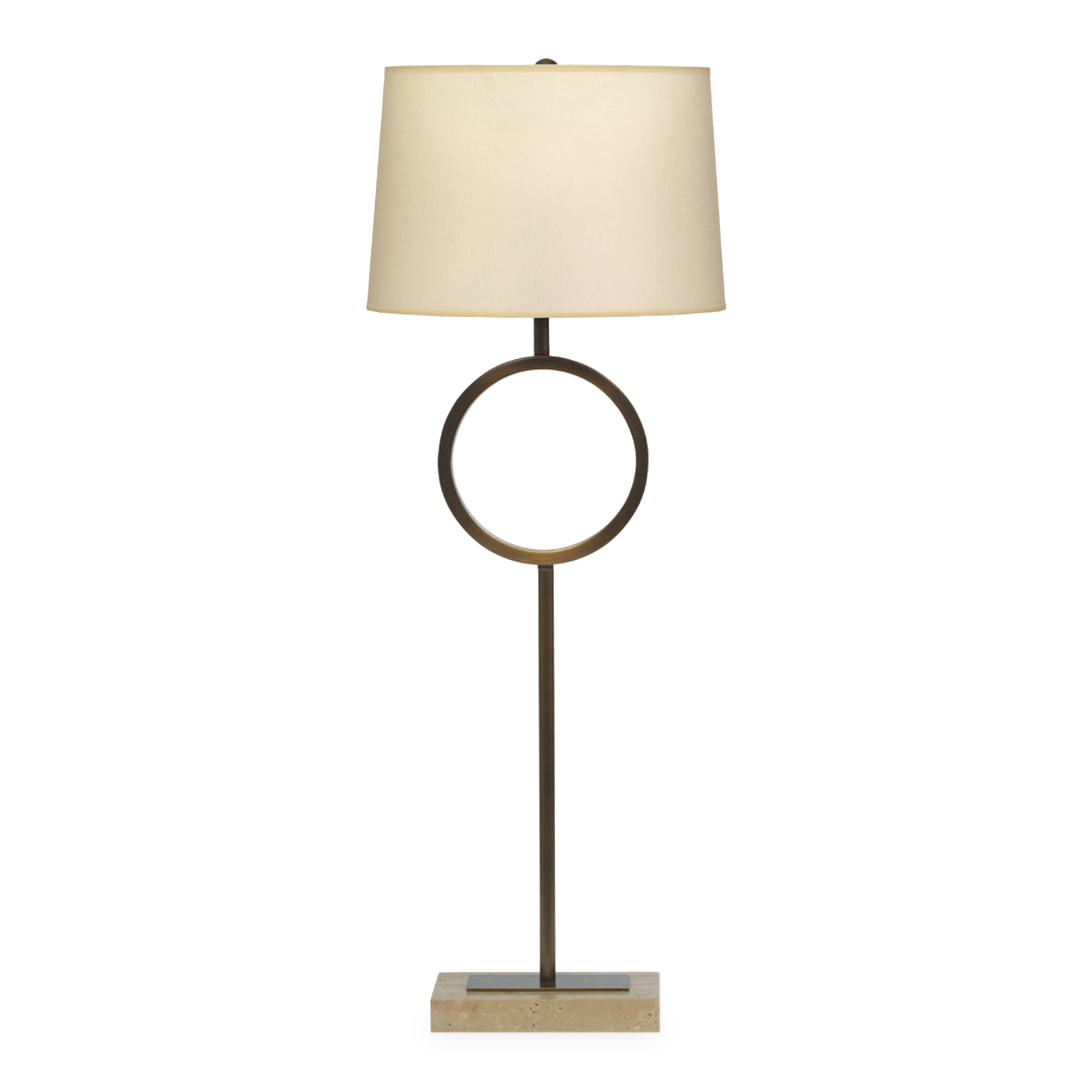 Two rich materials--an aged brass ring on a travertine marble base--combine to make a striking geometric statement in the Marco Buffet Lamp.