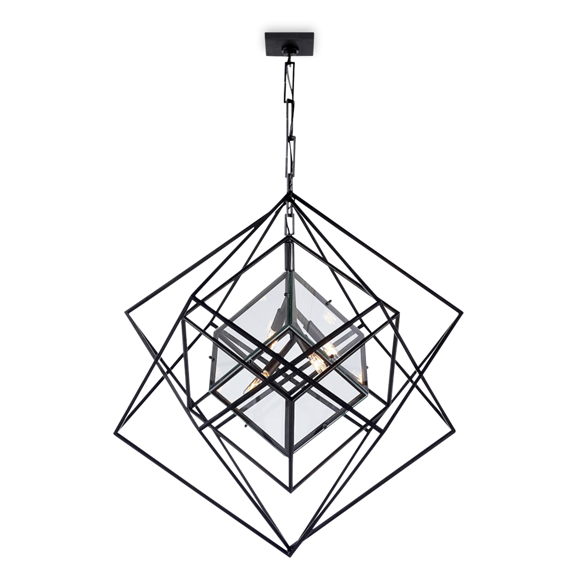 A dynamic ceiling light made of black aged iron, featuring an intricate network of geometric forms inspired by Cubist art.