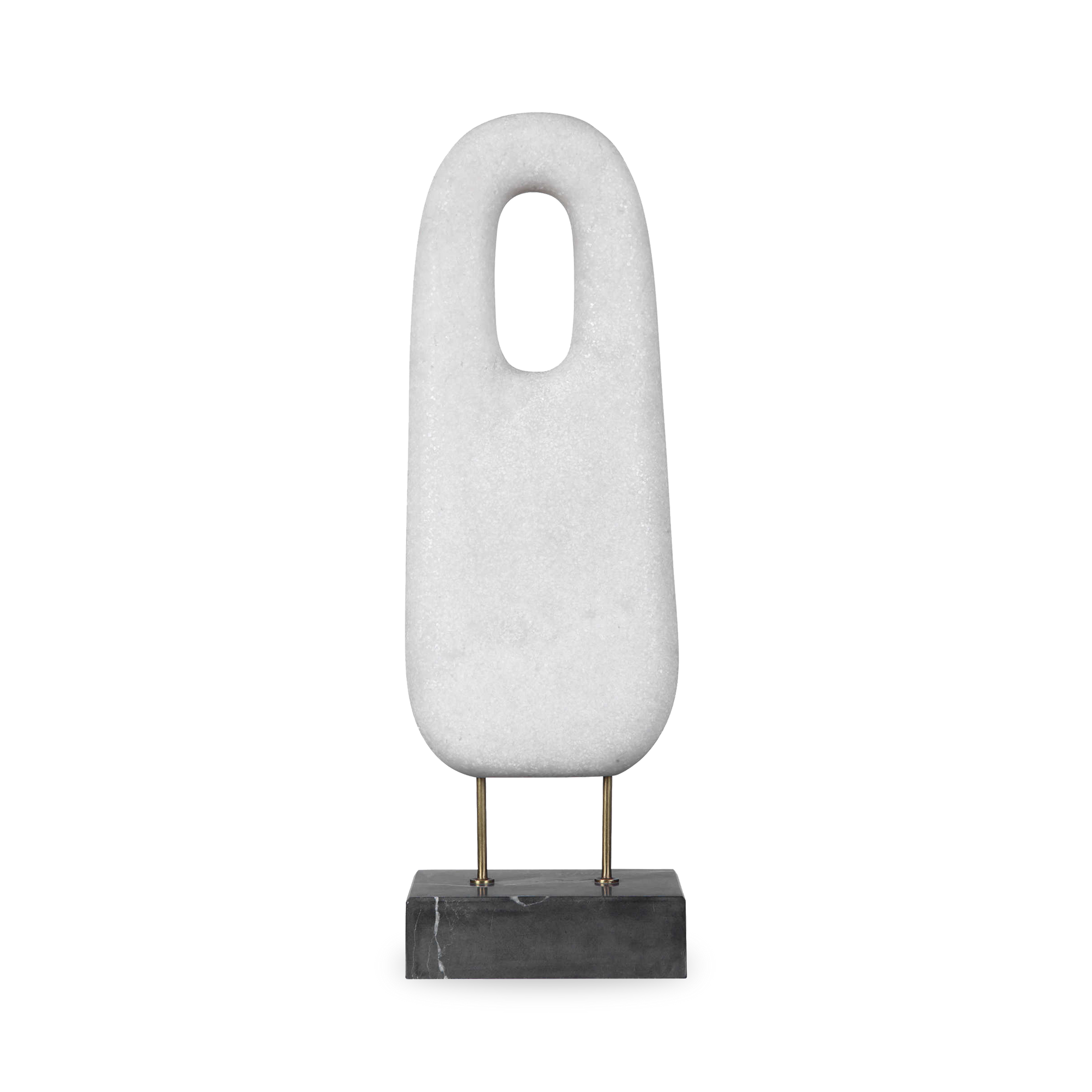 The monolithium shape is executed in marble that accurately replicates the look of Thassos marble with a honed black marble base and brass pegs.