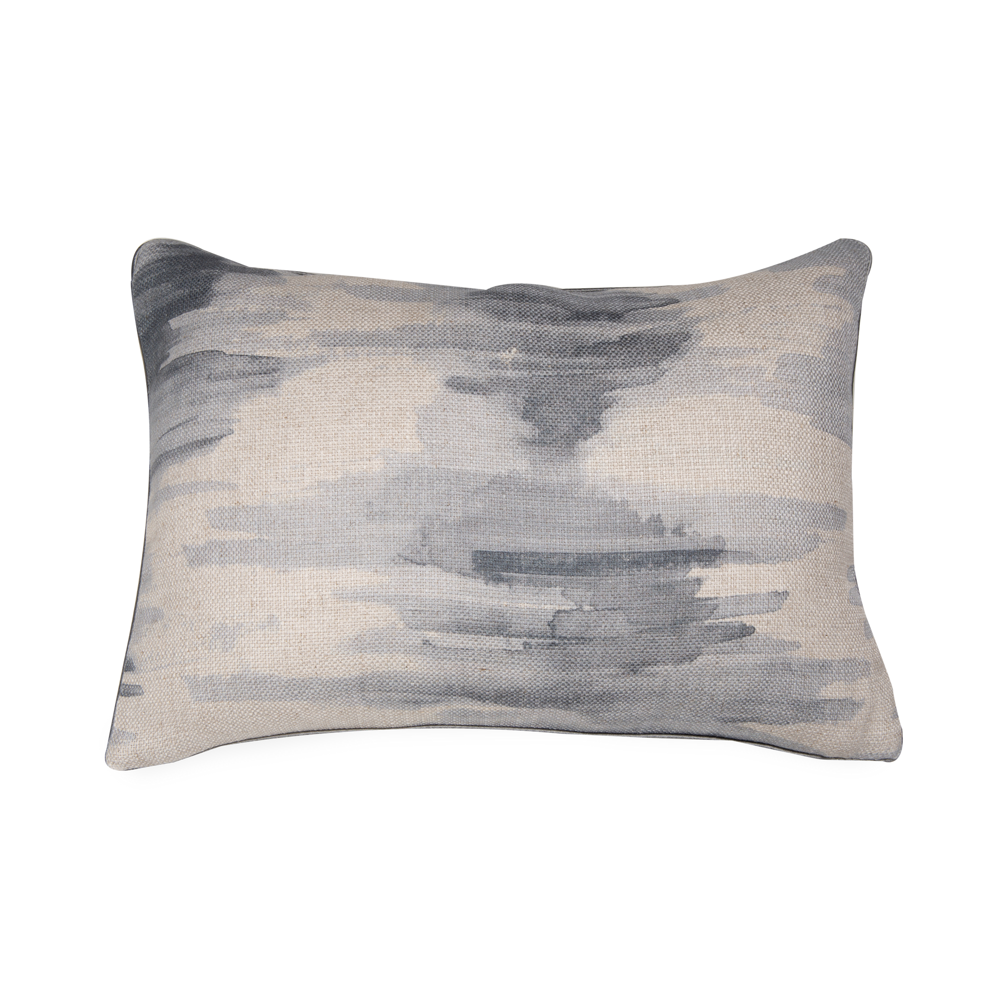 The Watermark Pillow features an abstract watercolour print on heavyweight linen.