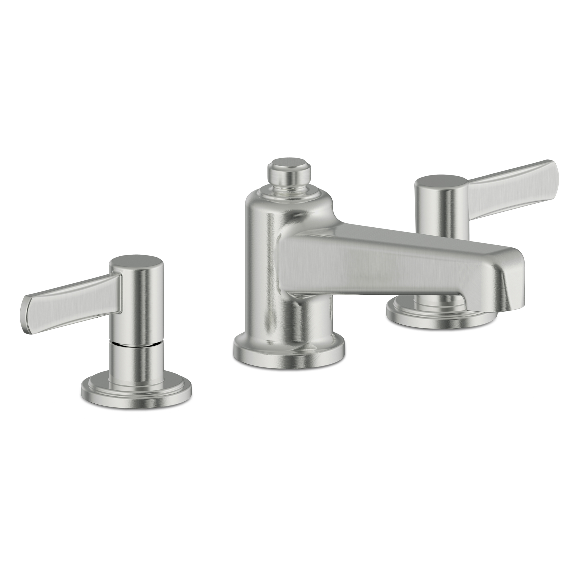 The Harrow widespread basin faucet with two lever handles has an industrial feel and modern esthetic inspired by the streamlined look of Art Deco.