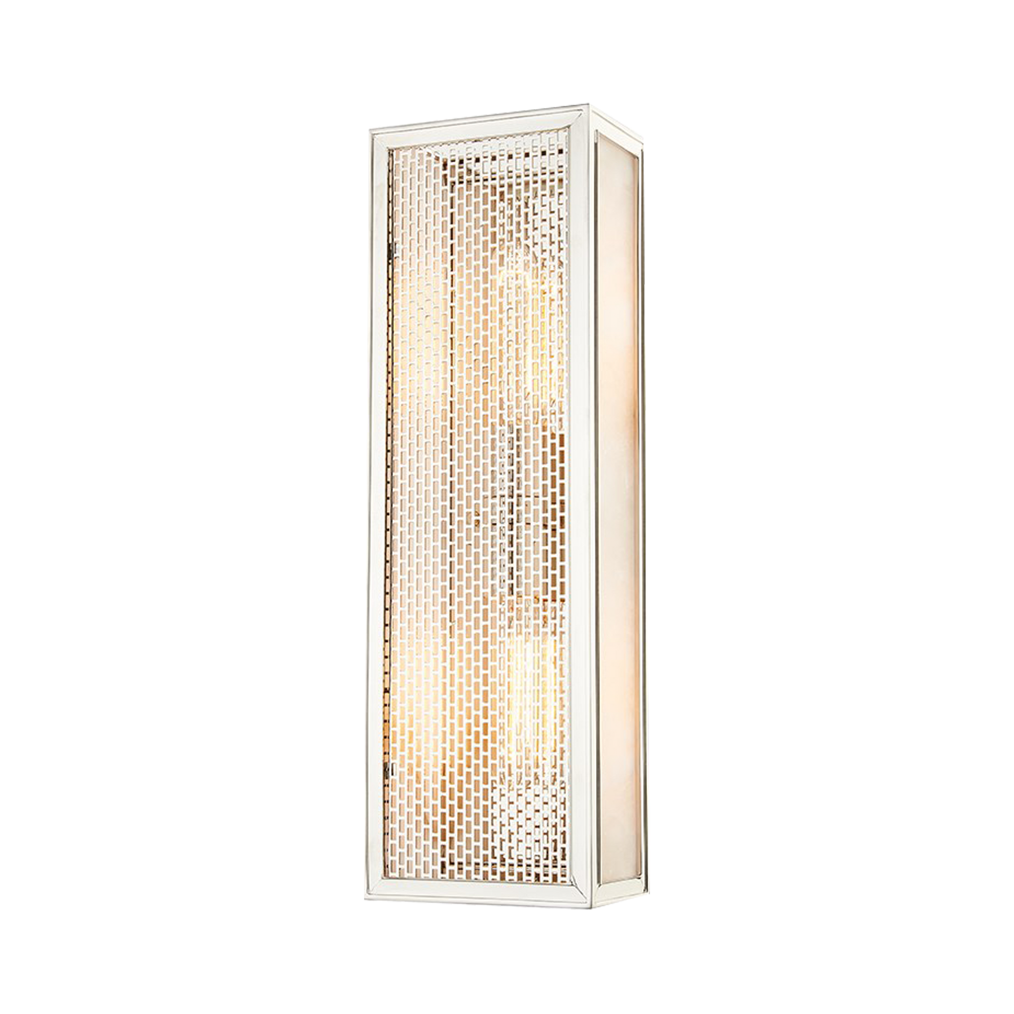 A sleek, contemporary metal form finished in chic polished nickel features a caged front and alabaster sides, which create a soft, warm glow.