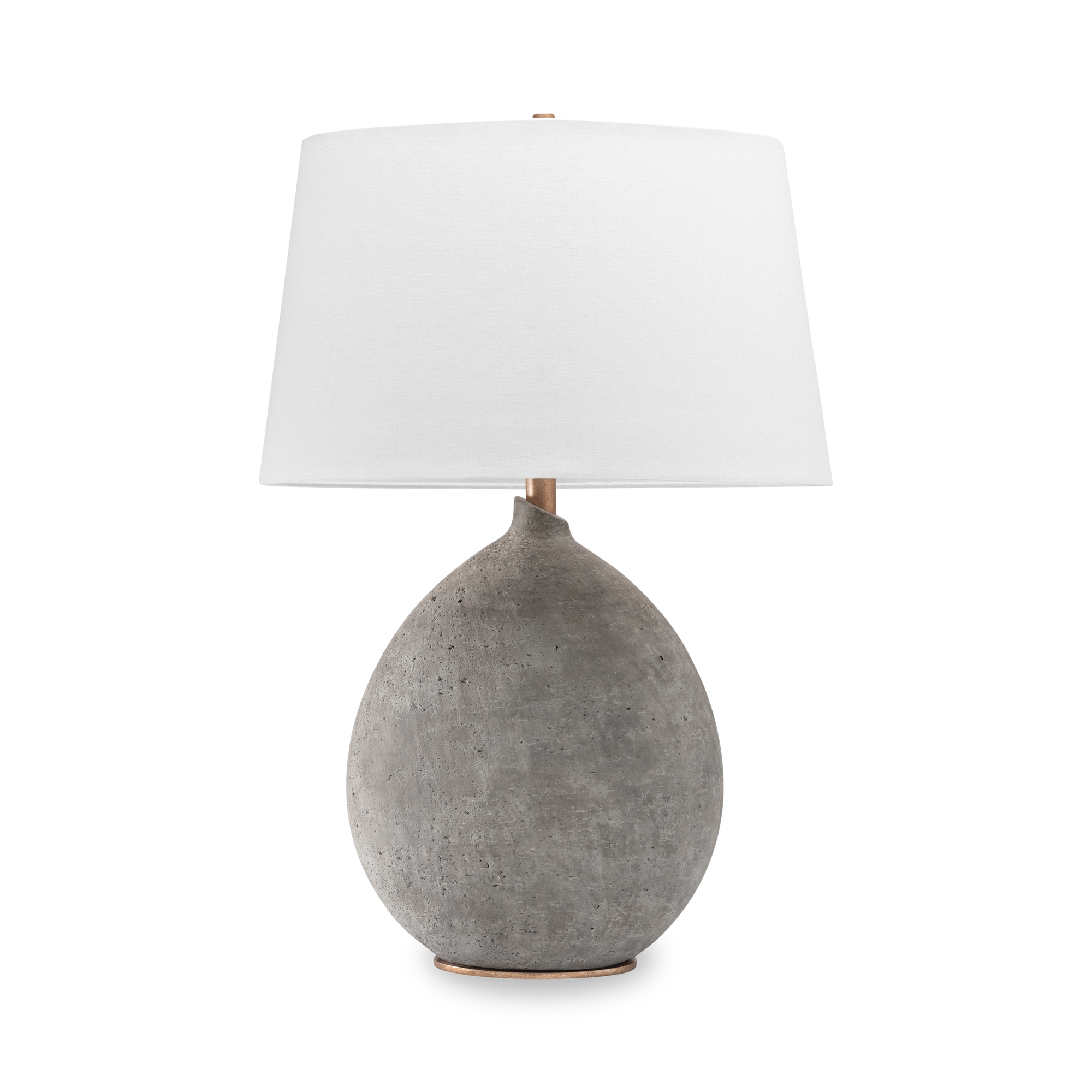 The Denali Table Lamp features an off white linen shade atop a grey base.