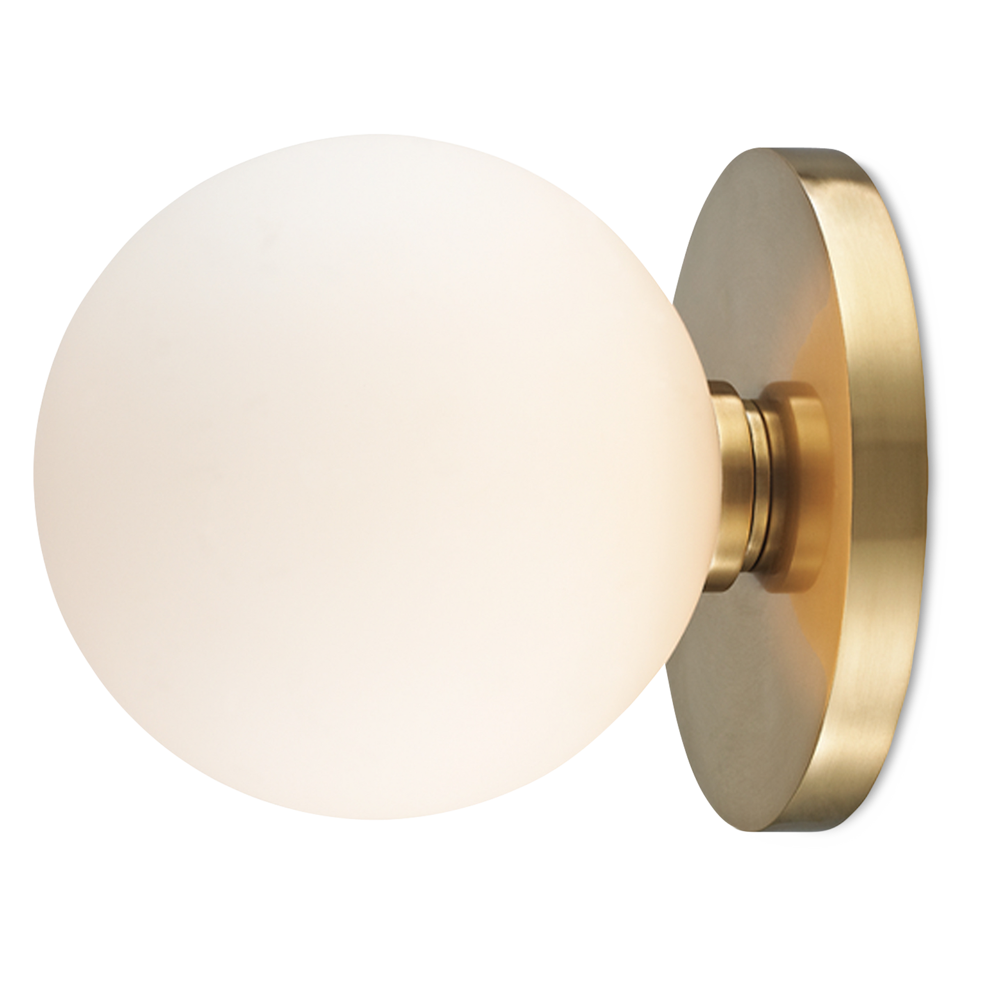 A mouth-blown glass sphere softens the light and is attached to a thickly circular backplate finished in aged brass.