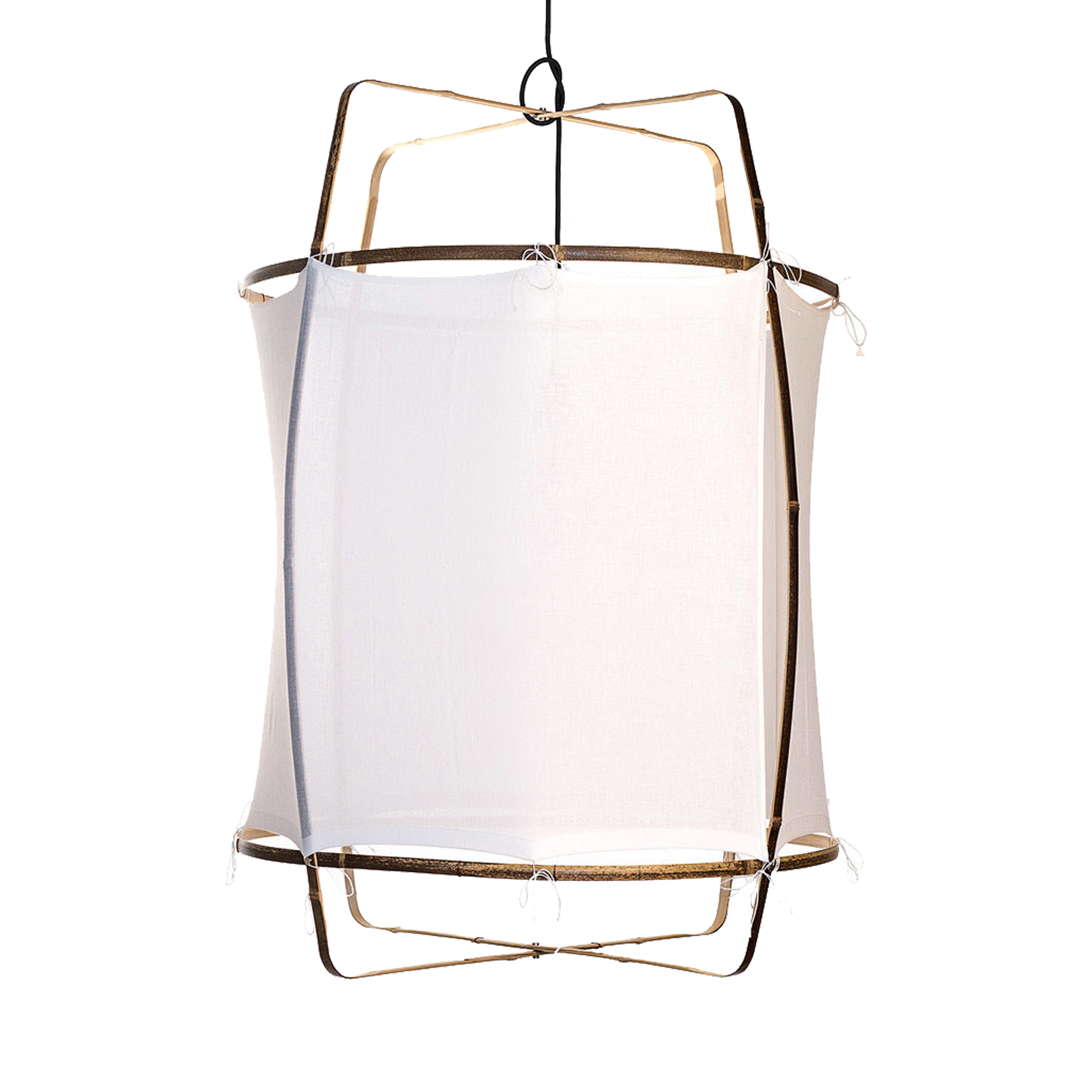 The Z1 Black Cotton Cover pendant has a handcrafted black bamboo frame sheathed in hand knitted white cotton that leaves the upper and lower portions of the fixture uncovered for a